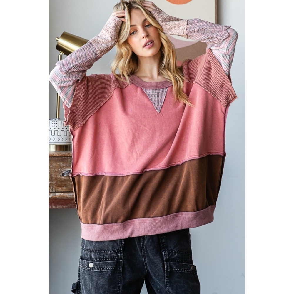 “Oli & Hali” pink/brown, color block, boho Baggy Pullover sweatshirt; NWT; LARGE